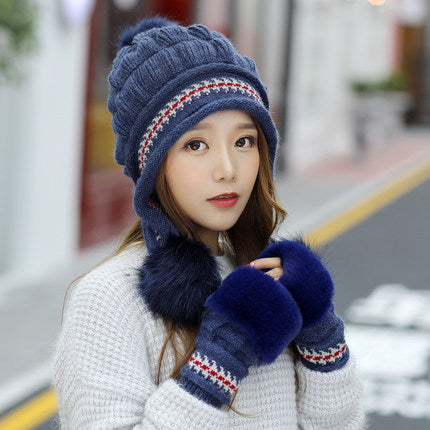 Cozy Knit Fleece-Feel Beanie With Ear Flaps & Pompom Warm Winter Hat For Women Outdoor Activites