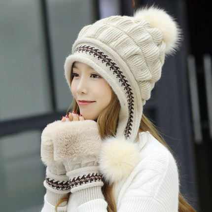 Cozy Knit Fleece-Feel Beanie With Ear Flaps & Pompom Warm Winter Hat For Women Outdoor Activites
