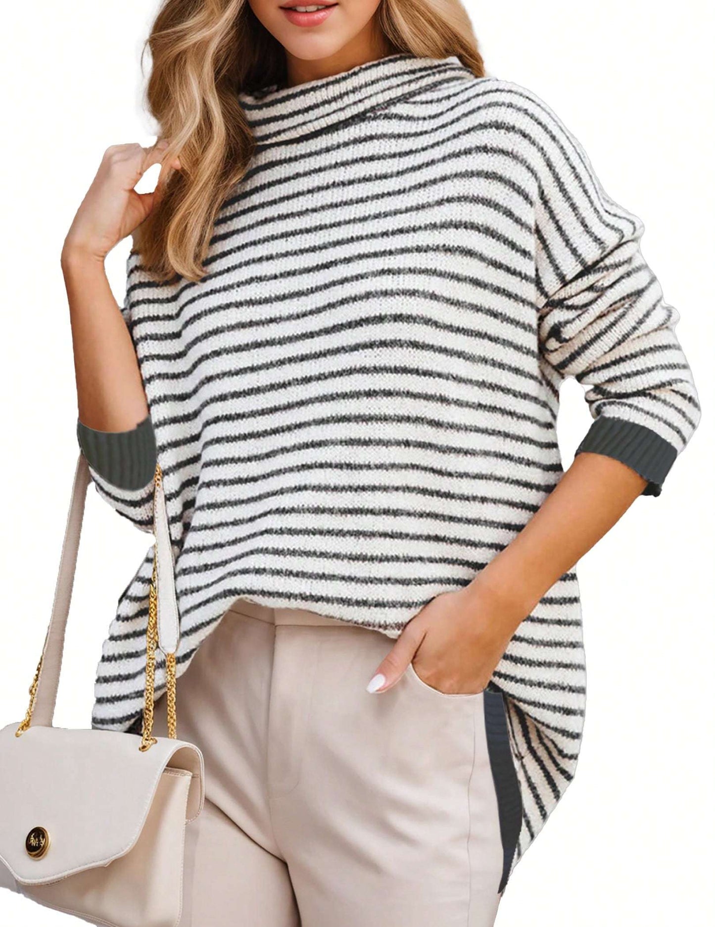 Hoteel Oversized Sweaters For Women Long Sleeve Striped Pullover Sweater Fall Turtleneck Knit Tunic Jumper Tops