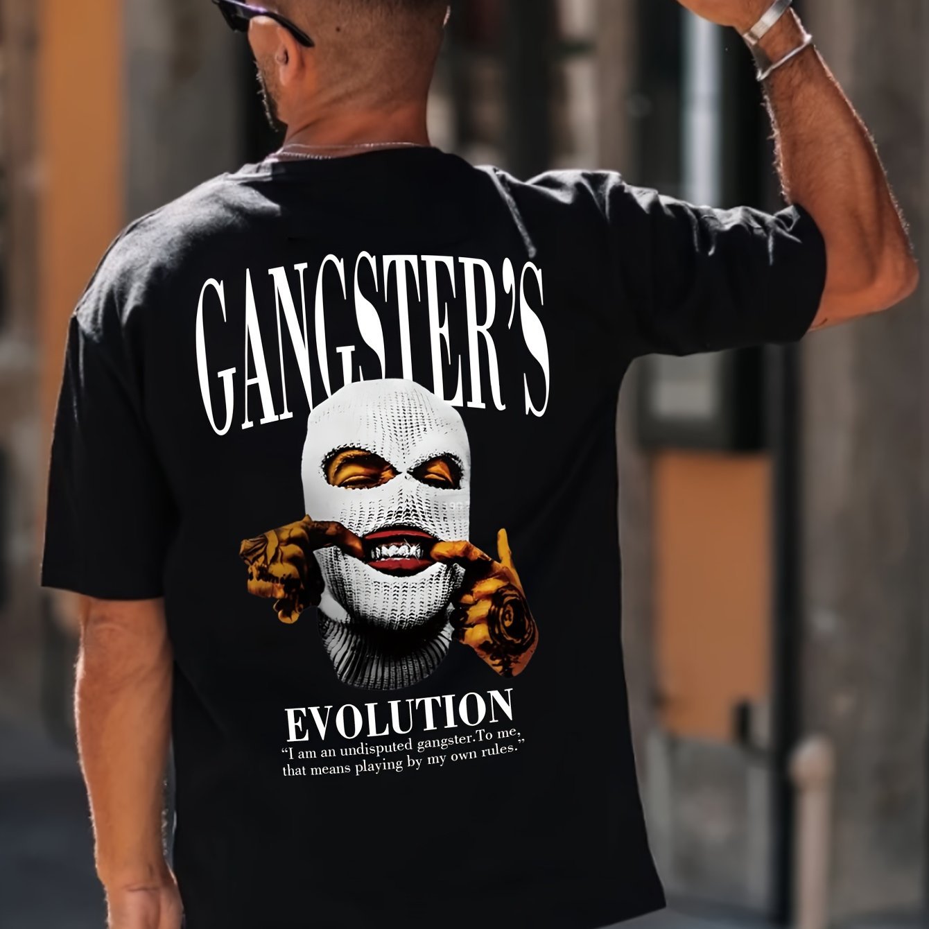 Gangster Print Round Neck Comfortable Short Sleeved Shirt Paired With A New Men's Fashion Pattern Print, Suitable For Casual Daily Outdoor Activities At Home