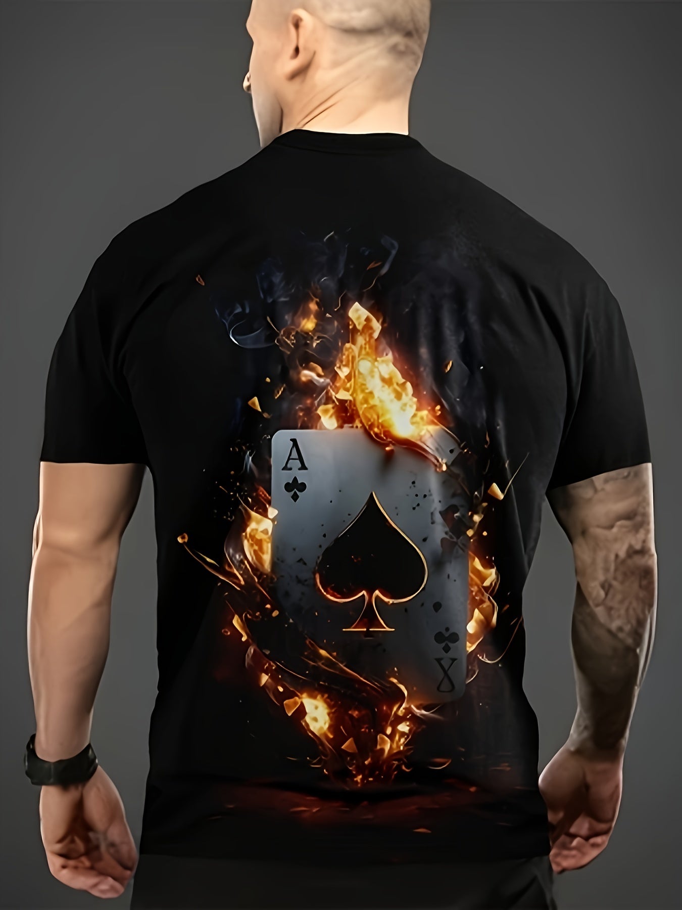 Men's Poker Pattern T-shirt, Casual Short Sleeve Round Neck T-shirt, Outdoor Men's Clothing