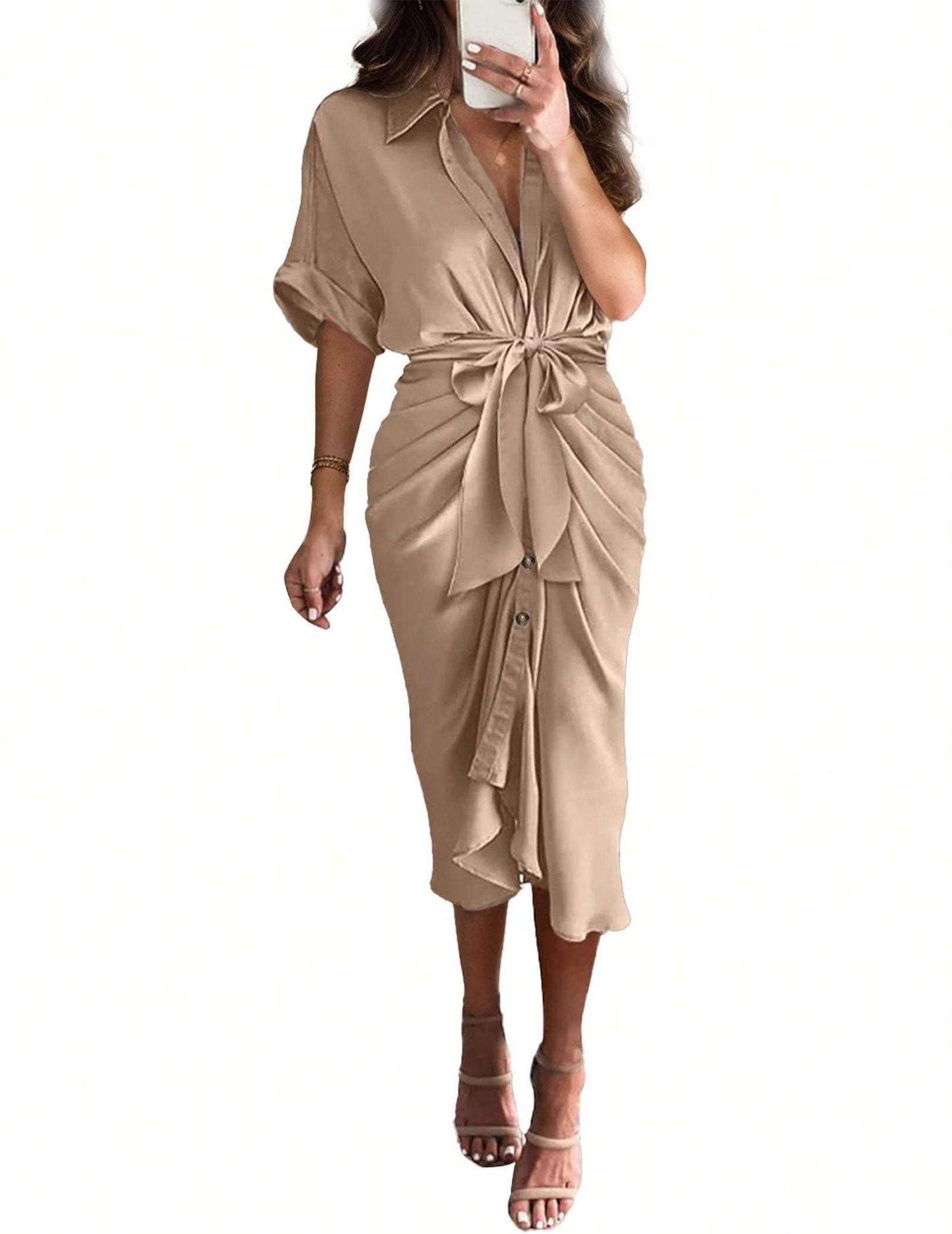 Hoteel Womens Button Down Ruched Shirt Dresses Short Sleeve Lapel V Neck Maxi Dress