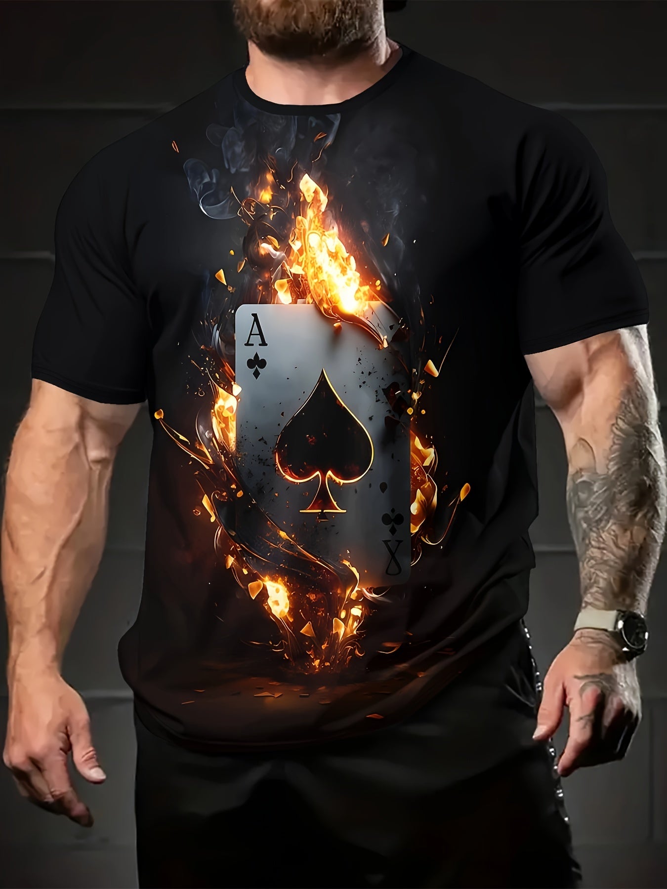Men's Poker Pattern T-shirt, Casual Short Sleeve Round Neck T-shirt, Outdoor Men's Clothing