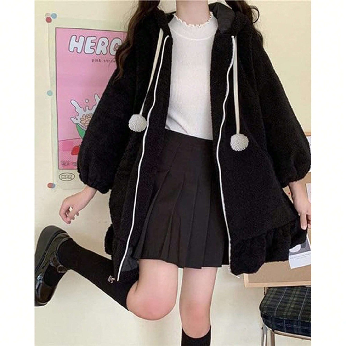 Ear Hoodies For Women Sweet Lovely Fuzzy Fluffy Rabbit Sweater Tops Cosplay Jacket Coats