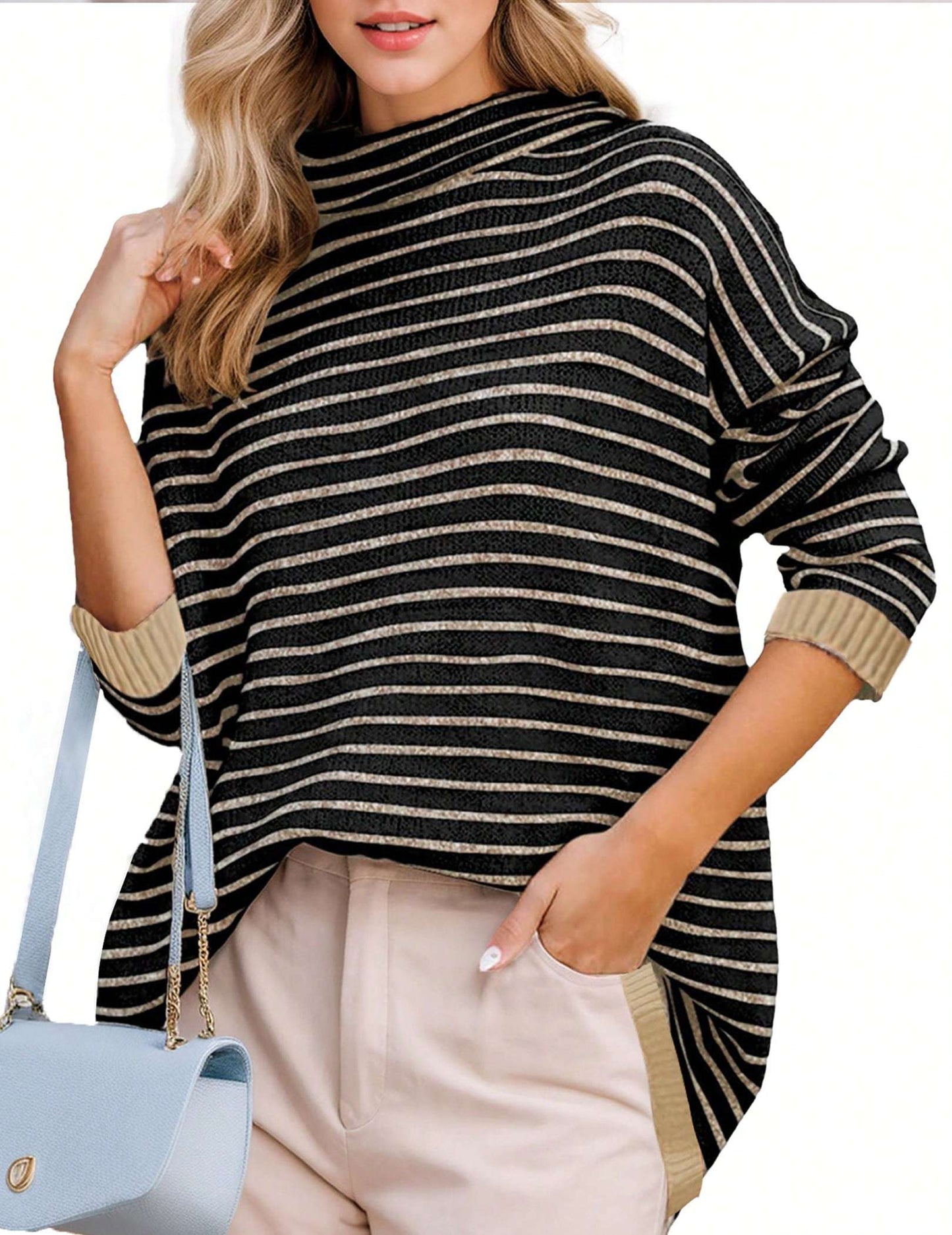 Hoteel Oversized Sweaters For Women Long Sleeve Striped Pullover Sweater Fall Turtleneck Knit Tunic Jumper Tops