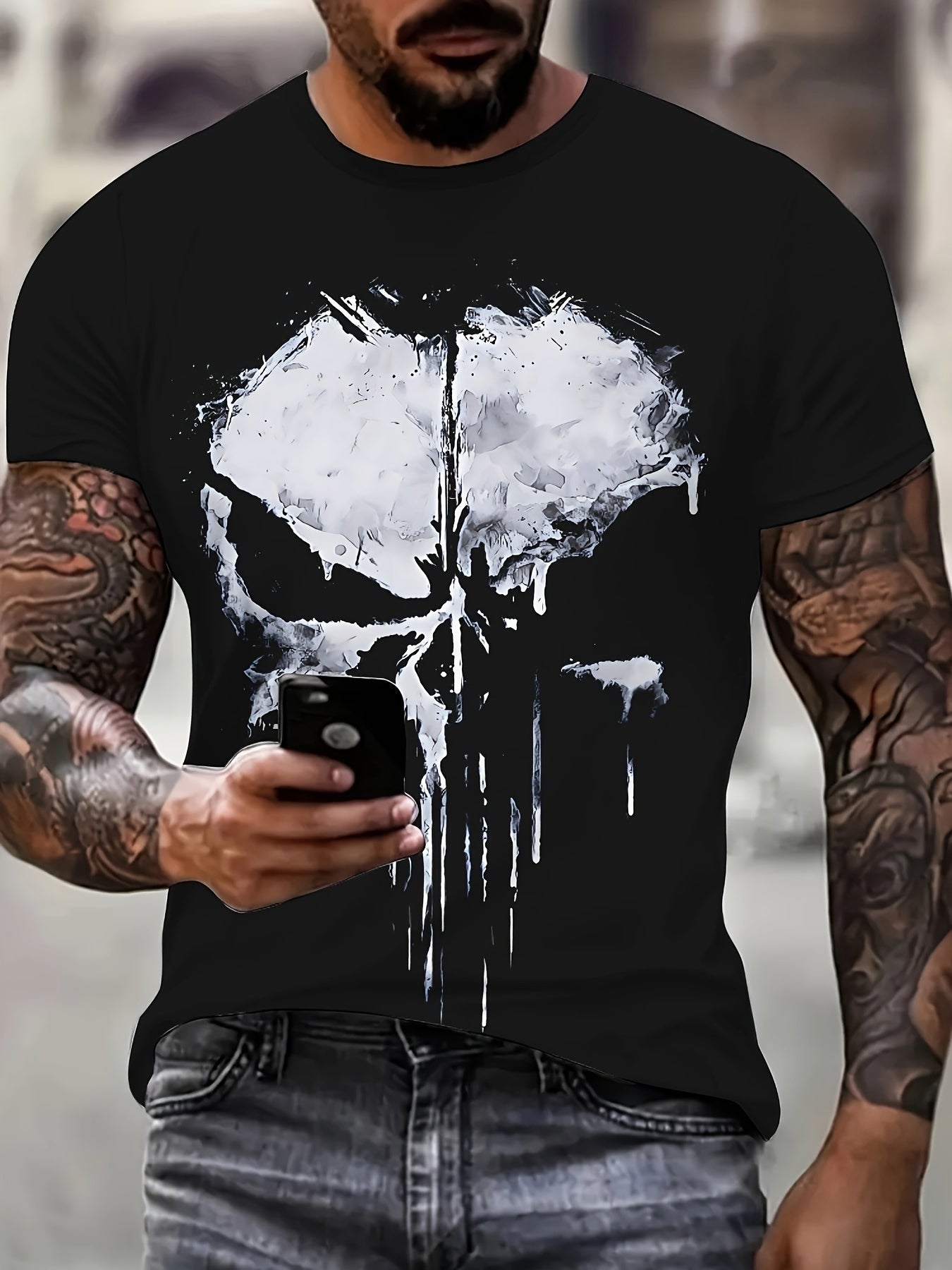 Skull Shaped 3D Printed Men's Round Neck Short Sleeved T-shirt, Summer Fashionable T-shirt, Casual And Comfortable Versatile Top, Suitable For Daily Outdoor Street Wear