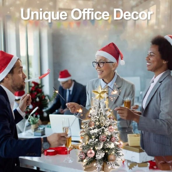 22in Mini Christmas Tree With Lights, Rose Gold Artificial Small Tabletop Christmas Tree With Flocked Snow, Exquisite Decor & Xmas Decorations For Table Top For Home & Office