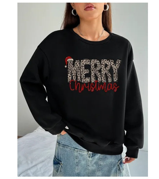 Women Basic Casual Pullover Spring Autumn Long Sleeve Leopard Merry Printed Round Neck