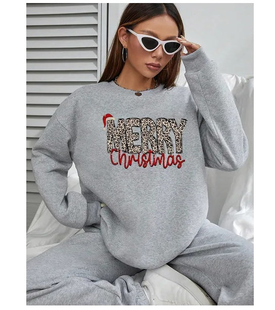 Women Basic Casual Pullover Spring Autumn Long Sleeve Leopard Merry Printed Round Neck