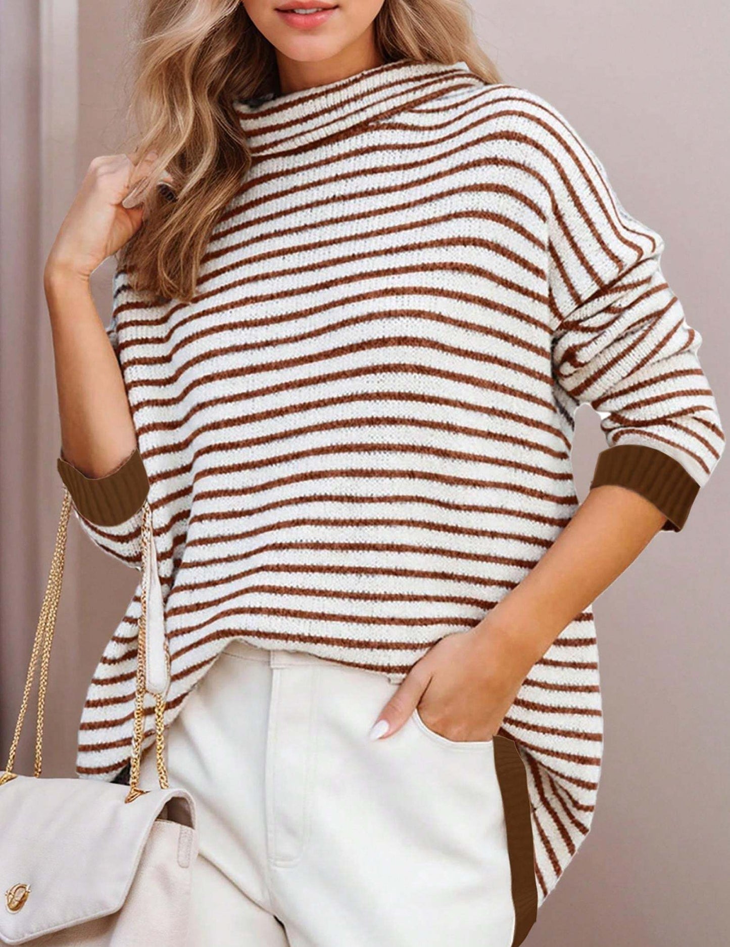 Hoteel Oversized Sweaters For Women Long Sleeve Striped Pullover Sweater Fall Turtleneck Knit Tunic Jumper Tops