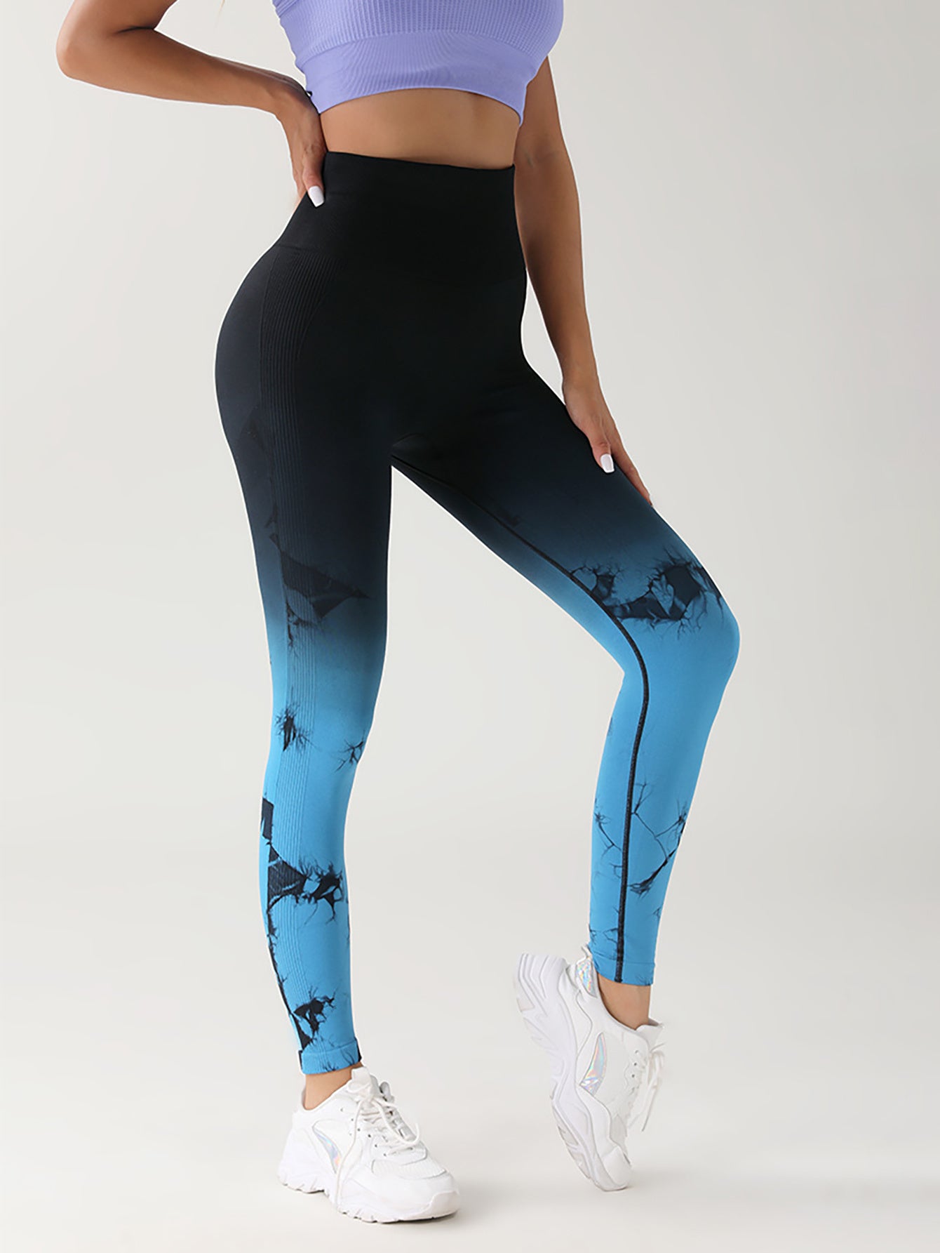 Tie Dye Gradient Color Yoga Sports Leggings, Ruched High Waist Workout Seamless Scrunch Booty Leggings Butt Lift Athletic Leggings Tummy Control Yoga Pants