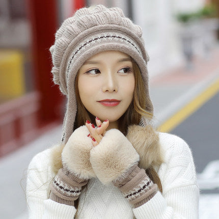 Cozy Knit Fleece-Feel Beanie With Ear Flaps & Pompom Warm Winter Hat For Women Outdoor Activites