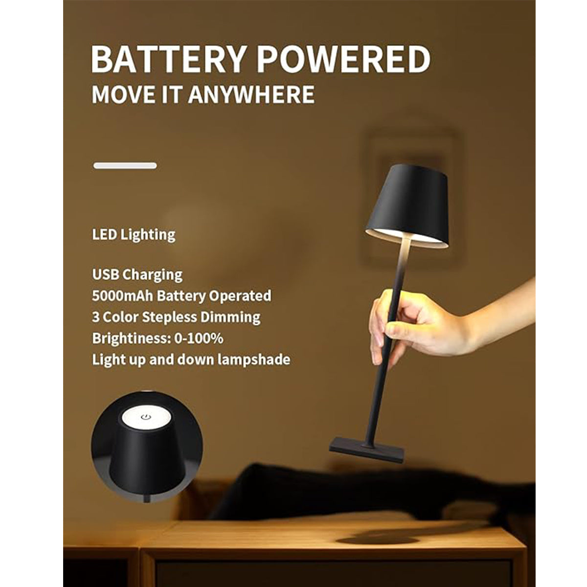 Cordless Table Lamp, Portable LED Desk Lamp, 5000mAh Battery Operated, 3 Color Stepless Dimming Up, For Restaurant Bedroom Bars Outdoor Party Camping Coffee Shop Atmosphere Night Light