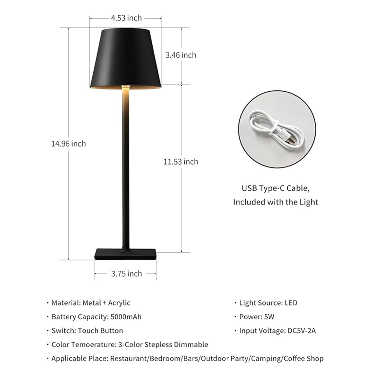 Cordless Table Lamp, Portable LED Desk Lamp, 5000mAh Battery Operated, 3 Color Stepless Dimming Up, For Restaurant Bedroom Bars Outdoor Party Camping Coffee Shop Atmosphere Night Light