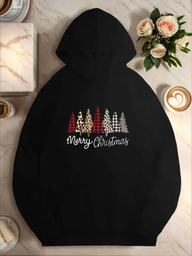 Women's Hoodie With Stylized Trees Christmas Illustration, Casual Hooded Sweatshirt With Pocket, Geometric Pattern Perfect For Fall Winter Season
