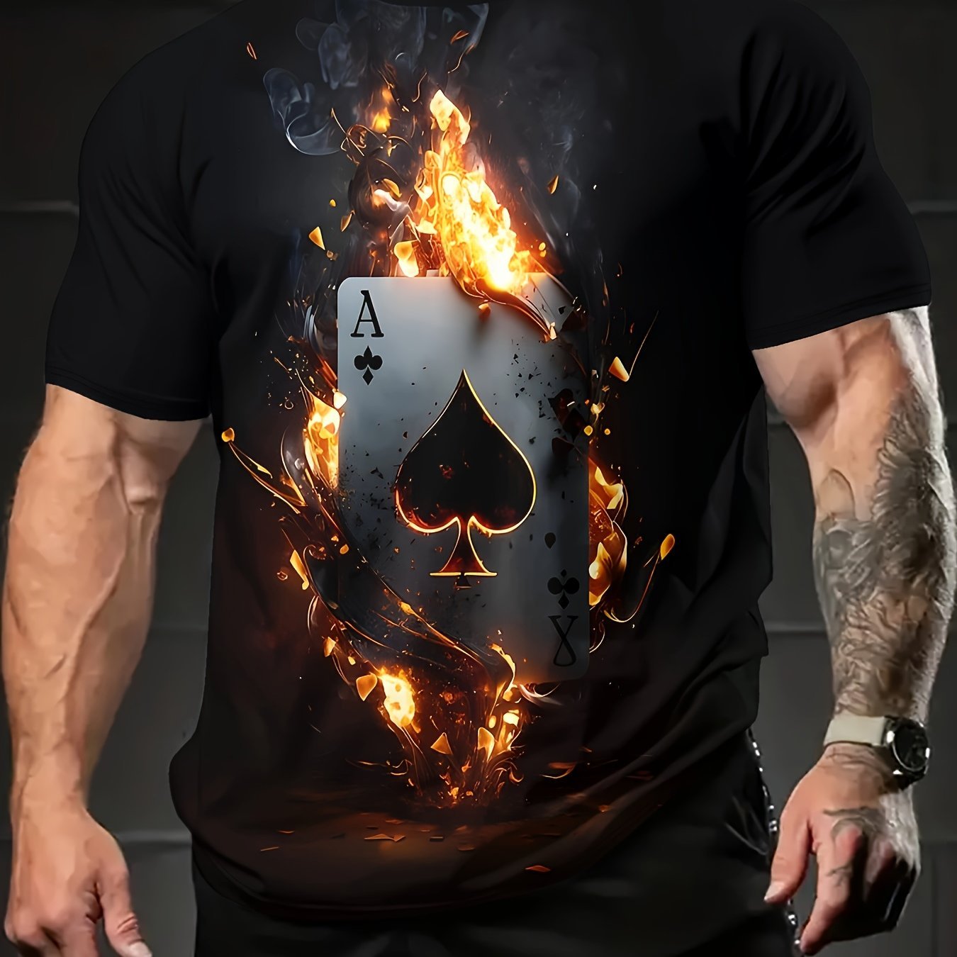 Men's Poker Pattern T-shirt, Casual Short Sleeve Round Neck T-shirt, Outdoor Men's Clothing