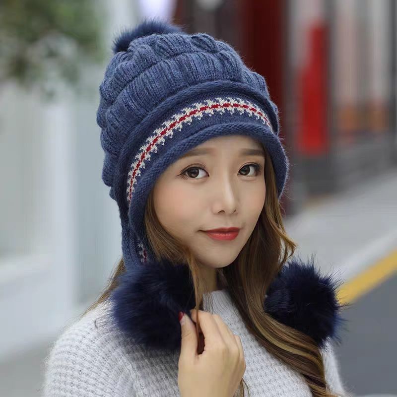 Cozy Knit Fleece-Feel Beanie With Ear Flaps & Pompom Warm Winter Hat For Women Outdoor Activites
