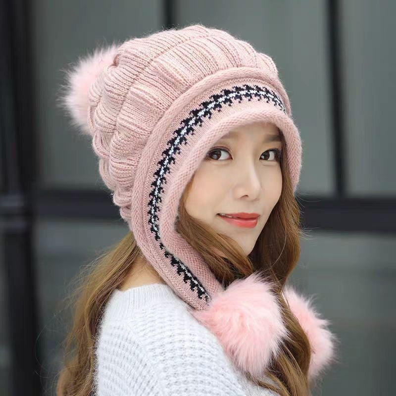 Cozy Knit Fleece-Feel Beanie With Ear Flaps & Pompom Warm Winter Hat For Women Outdoor Activites