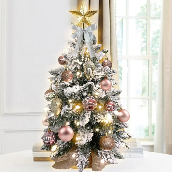 22in Mini Christmas Tree With Lights, Rose Gold Artificial Small Tabletop Christmas Tree With Flocked Snow, Exquisite Decor & Xmas Decorations For Table Top For Home & Office