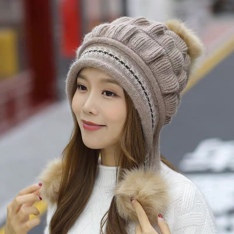 Cozy Knit Fleece-Feel Beanie With Ear Flaps & Pompom Warm Winter Hat For Women Outdoor Activites