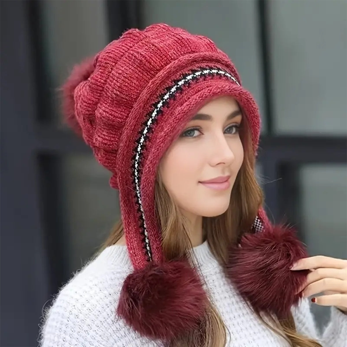 Cozy Knit Fleece-Feel Beanie With Ear Flaps & Pompom Warm Winter Hat For Women Outdoor Activites