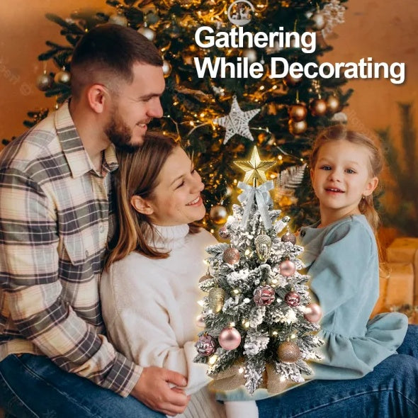 22in Mini Christmas Tree With Lights, Rose Gold Artificial Small Tabletop Christmas Tree With Flocked Snow, Exquisite Decor & Xmas Decorations For Table Top For Home & Office