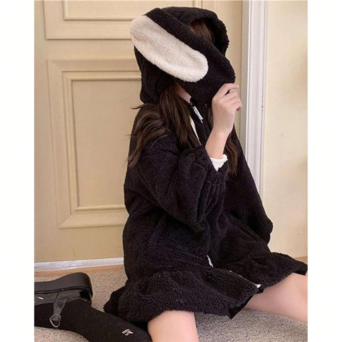 Ear Hoodies For Women Sweet Lovely Fuzzy Fluffy Rabbit Sweater Tops Cosplay Jacket Coats