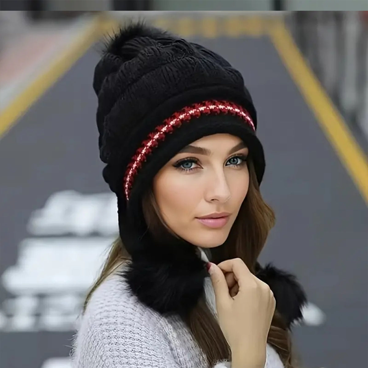 Cozy Knit Fleece-Feel Beanie With Ear Flaps & Pompom Warm Winter Hat For Women Outdoor Activites