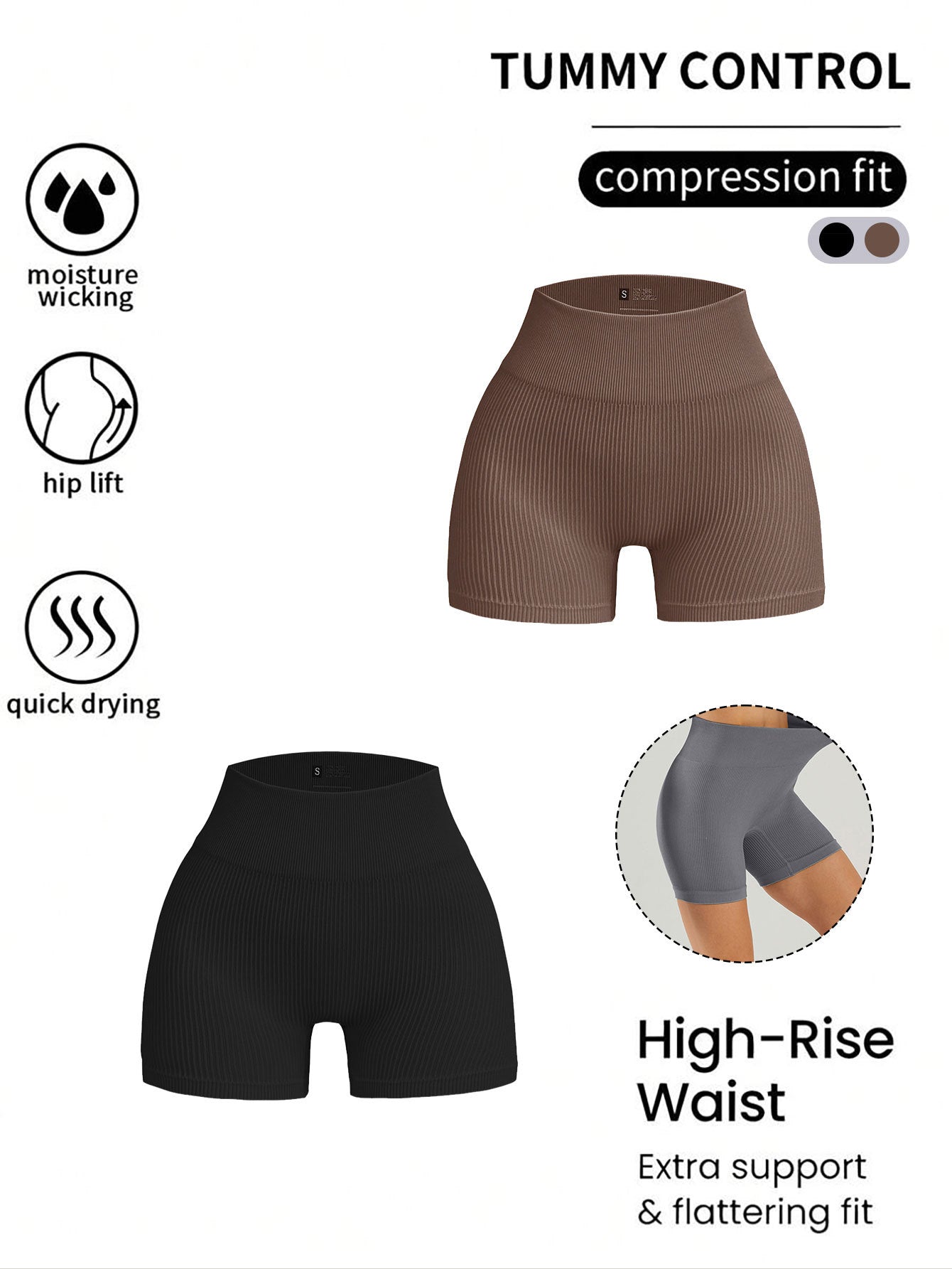 2 Pack Women's High Waisted Ribbed Solid Color Seamless Biker Shorts Anti Chafing Slip Shorts Shorts Underwear Yoga Workout Shorts