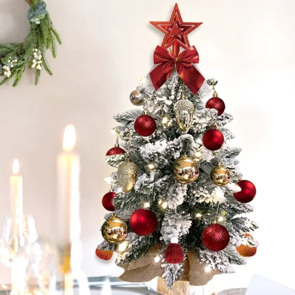 22in Mini Christmas Tree With Lights, Rose Gold Artificial Small Tabletop Christmas Tree With Flocked Snow, Exquisite Decor & Xmas Decorations For Table Top For Home & Office