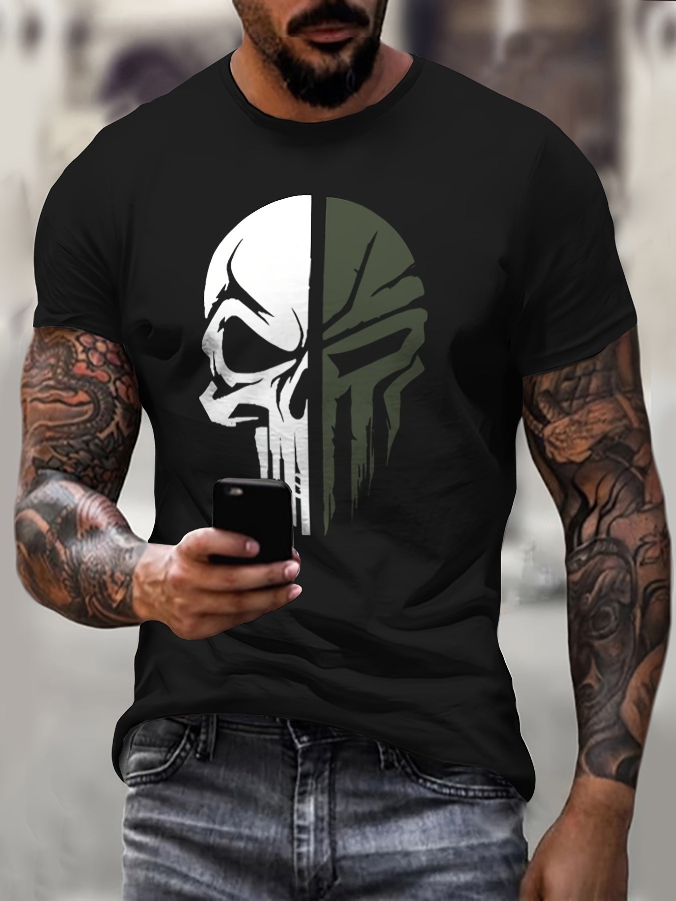Men's Fashionable Skull Pattern Shirt, Casual Breathable Round Neck Short Sleeved T-shirt, Suitable For City Strolling, Street Hanging, Outdoor Activities