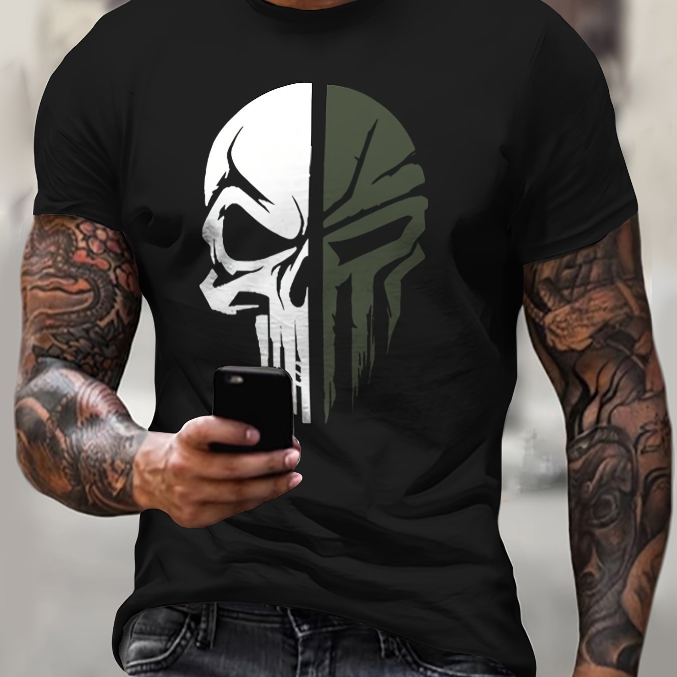 Men's Fashionable Skull Pattern Shirt, Casual Breathable Round Neck Short Sleeved T-shirt, Suitable For City Strolling, Street Hanging, Outdoor Activities