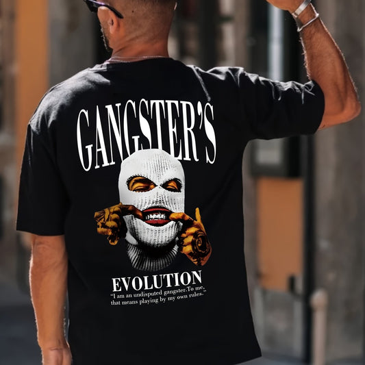 Gangster Print Round Neck Comfortable Short Sleeved Shirt Paired With A New Men's Fashion Pattern Print, Suitable For Casual Daily Outdoor Activities At Home
