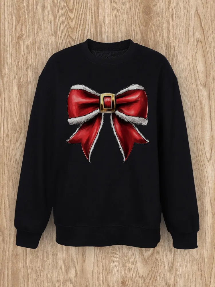 Women Basic Casual Pullover Spring Autumn Long Sleeve Christmas Plush Bow Printed Round Neck
