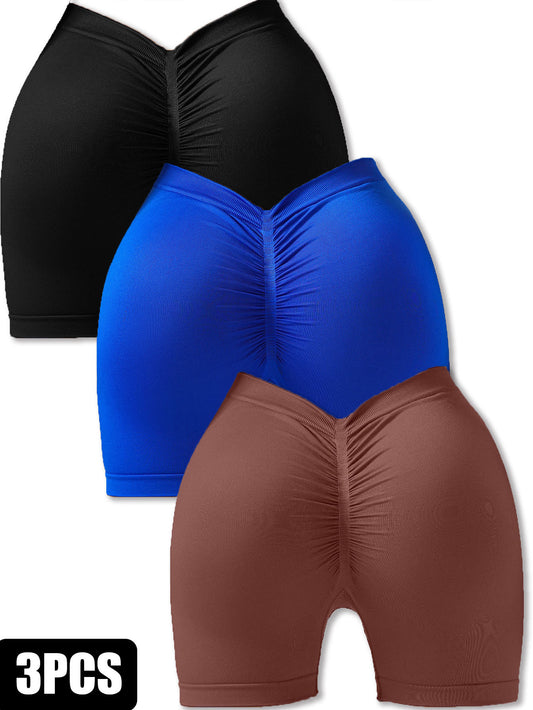 3 Pack Gym Cycling Elastic Tight Breathable V-shaped Hip Sports Shorts Yoga Solid Color Seamless Yoga Shorts