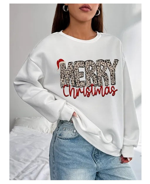 Women Basic Casual Pullover Spring Autumn Long Sleeve Leopard Merry Printed Round Neck